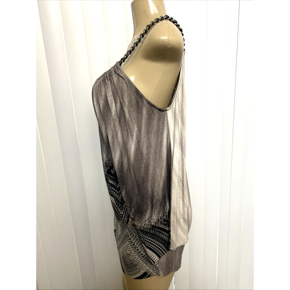 Sky Top Blouse 3/4 Dolman Sleeve Cold Shoulder Gray Chain Neck Geometric M - Picture 4 of 9